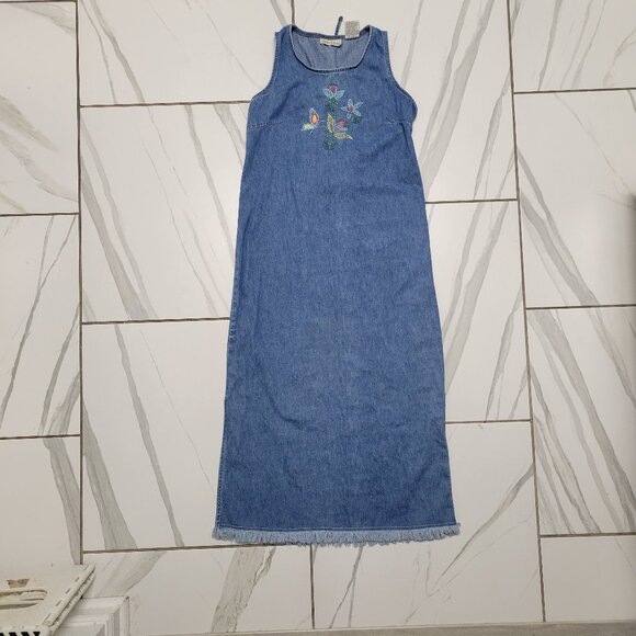 Vintage Embroidery Denim Maxi Dress Size XS/SM 100% Cotton - Picture 1 of 6